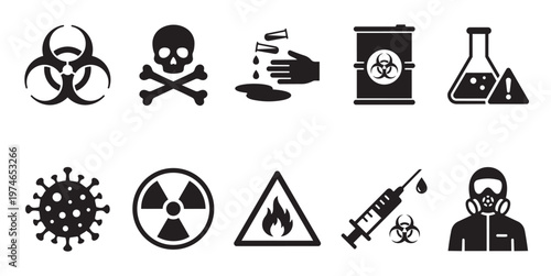 A collection of black silhouette icons representing various danger and warning symbols including biohazard, skull and crossbones, chemical spill, radioactive material, fire hazard, and more.