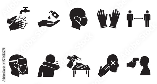 Set of black and white icons illustrating essential health and safety measures for preventing the spread of viruses like coronavirus.