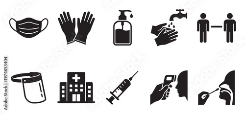 Collection of black and white icons representing hygiene, safety, and prevention measures for public health and medical use.