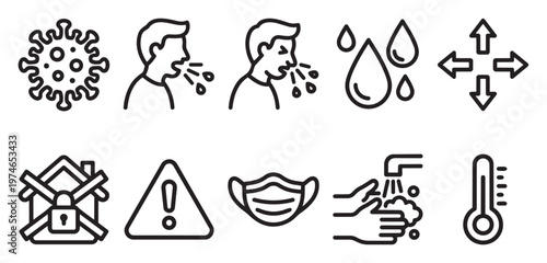 A collection of simple, black and white line art icons representing key aspects of coronavirus prevention and symptoms, ideal for public health campaigns.