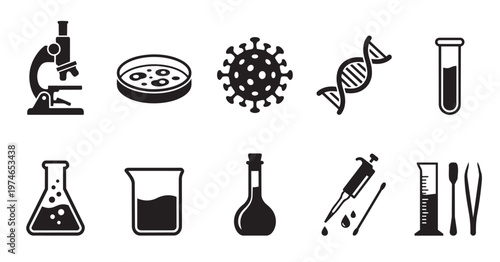 A collection of flat black science and medical icons including a microscope, petri dish, virus, DNA strand, test tube, beaker, flask, pipette, and forceps.