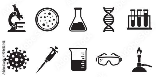A collection of flat black science and medical icons including a microscope, petri dish, virus, DNA strand, test tube, beaker, flask, pipette, and forceps.