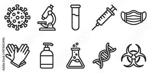 A collection of black outline icons representing medical and scientific concepts, including a virus, microscope, syringe, and DNA, on a white background.
