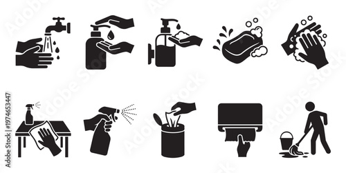 This set of black and white icons visually represents various hygiene and cleaning actions, including handwashing, sanitizing, and surface cleaning.
