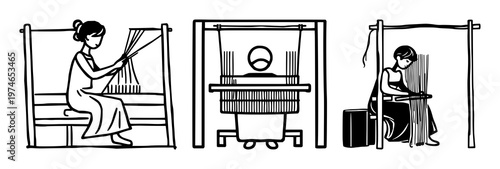 Weaver loom set with a minimalist pictogram of a person operating in a loom featuring textile craft symbol, heavy bold lines, white background with illustration and design