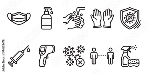 A black and white icon set illustrating essential COVID-19 prevention measures including masks, sanitizer, handwashing, gloves, and social distancing.