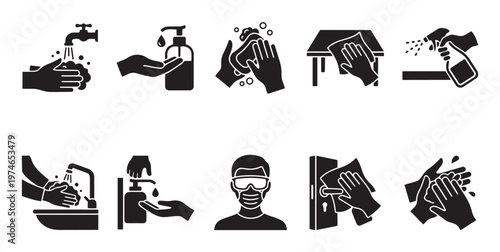 A set of simple black and white vector icons illustrating essential hygiene practices like hand washing, sanitizing, and surface cleaning for health and safety.