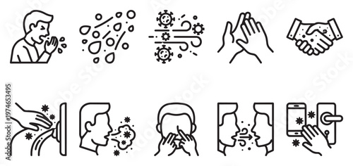 A collection of line art icons illustrating health and hygiene practices for pandemic prevention, including sneezing, germ spread, hand washing, and avoiding contact.