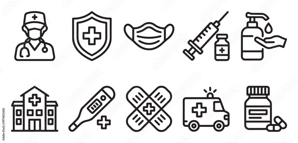 Fototapeta premium A set of clean, modern line art icons representing various medical and healthcare concepts, ideal for digital and print design projects.