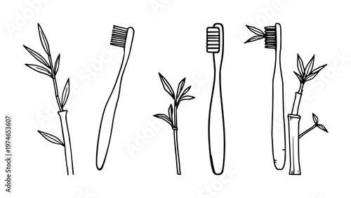 Bamboo toothbrush set with minimalist line art featuring sustainable, eco-friendly lifestyle icon with black ink and white background