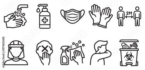 Collection of simple line art icons illustrating various coronavirus safety measures and protective actions for personal hygiene and public health.