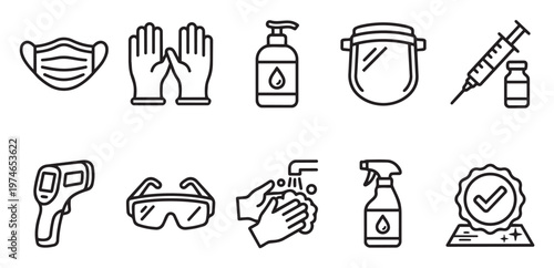 Collection of vector line icons representing hygiene and protection measures against Covid 19, including mask, gloves, sanitizer, and thermometer.