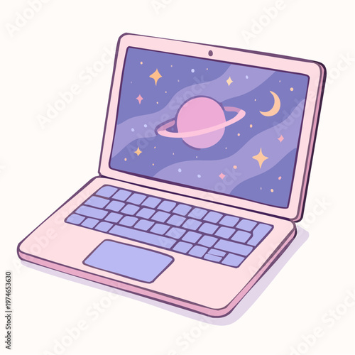 A pastel pink laptop with a space-themed screen saver on a white background