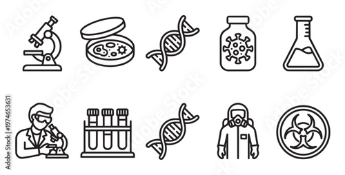 A collection of clean line art icons representing scientific research, including a microscope, DNA, virus, beaker, scientist, and biohazard symbol.