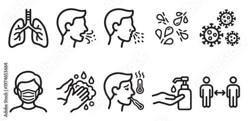 A clean black and white infographic line icon set illustrating COVID-19 prevention methods like masking, hand washing, social distancing and symptoms.