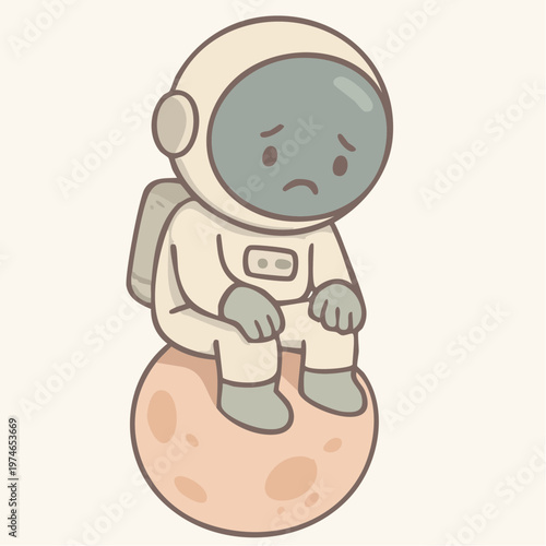 A cartoon astronaut sitting on the moon with a sad expression