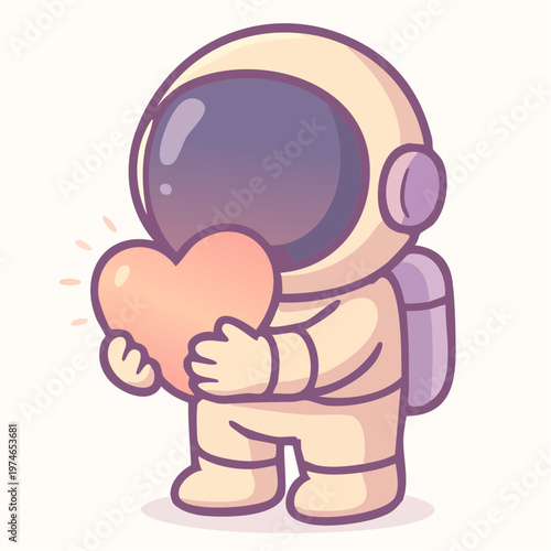 A cute cartoon astronaut holding a heart in a loving gesture
