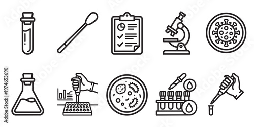 A collection of clean, black and white line art icons representing scientific laboratory equipment and procedures, ideal for medical and research-related projects.