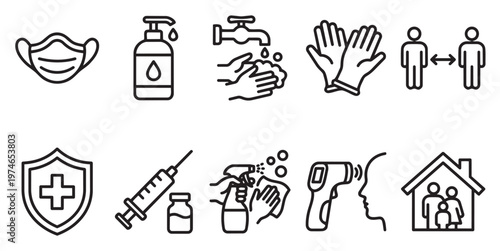 A collection of black and white line icons depicting various health and safety measures related to preventing disease spread.