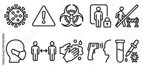 A set of black and white line icons depicting coronavirus prevention and safety measures including a virus, warning sign, biohazard symbol, social distancing, and hand washing.