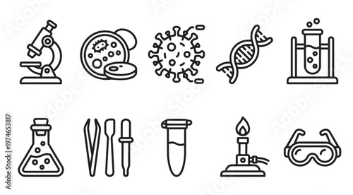 A clean, minimalist collection of essential science laboratory icons including a microscope, petri dish, virus, DNA, test tubes, and safety goggles.