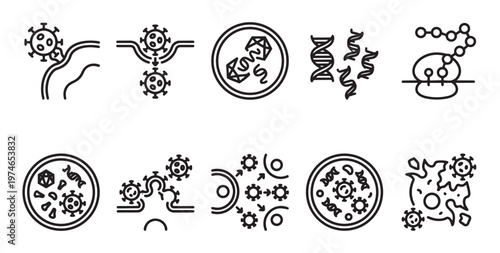 A collection of black and white line art icons depicting various aspects of virology and molecular biology, including virus replication and DNA.