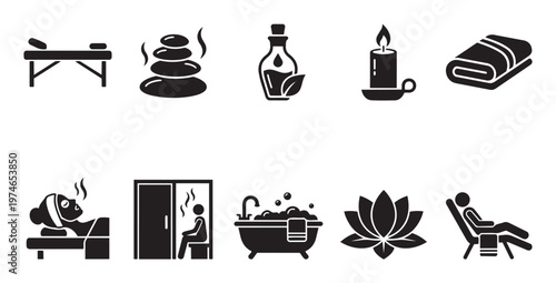 A collection of black vector icons representing spa treatments and wellness services including massage, hot stones, aromatherapy, candle, towel, sauna, bath, lotus, and relaxation.