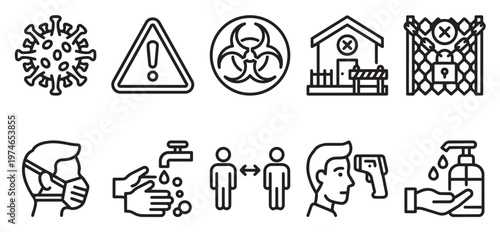 A set of vector line icons illustrating Covid 19 symbols and safety protocols like social distancing, hand washing, and mask wearing.