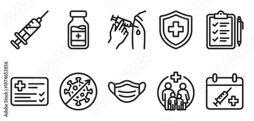 A collection of line art icons representing medical and healthcare themes including vaccination, virus protection, and family health.