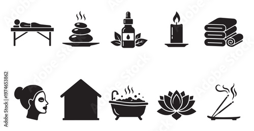 Collection of minimalist black icons representing spa treatments like massage, hot stones, aromatherapy, bathing, and facial care.