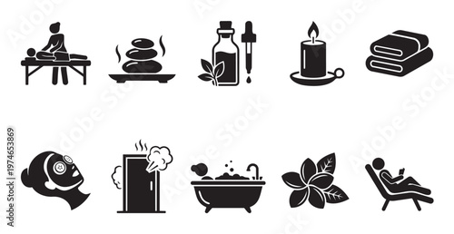 A collection of black spa and wellness icons including massage, hot stones, oil, candle, towels, face mask, sauna, bath, flower, and relaxation.