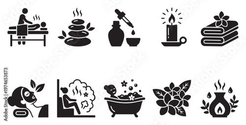 Collection of simple black and white vector icons representing various spa and wellness treatments and elements, perfect for health and beauty websites.