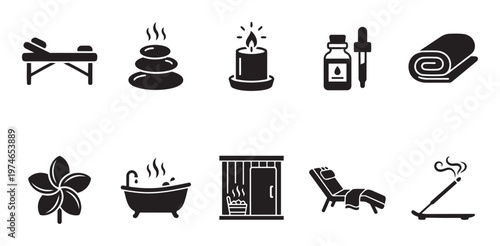 A collection of black and white minimalist icons representing various spa and wellness treatments, including massage, hot stones, aromatherapy, and relaxation.