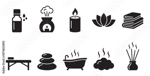 A black and white collection of modern icons representing spa, wellness, and relaxation treatments, including massage, aromatherapy, and bathing essentials.