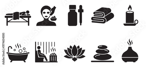 Collection of black silhouette icons representing spa treatments, massage, aromatherapy, and relaxation with a clean, modern aesthetic.