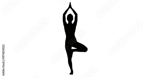 Silhouette of a woman performing the Vrksasana yoga pose, Tree Pose, on a white background.