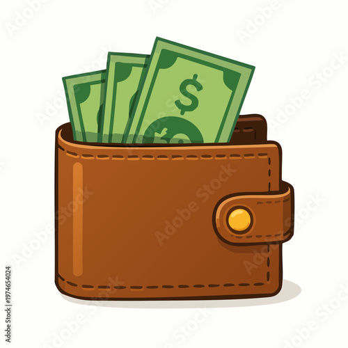 A cartoon illustration of a brown leather wallet filled with green dollar bills