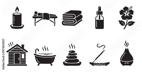 Collection of black silhouette icons representing spa treatments and wellness, including a candle, massage table, towels, oil, flower, sauna, bath, stones, incense, and diffuser.