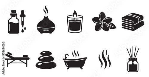 A collection of black silhouette icons representing spa and wellness elements, including massage table, hot stones, bath, diffuser, and towels, ideal for health and beauty concepts.