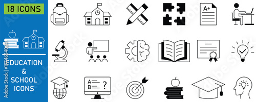 Collection of education line icon set. Containing education, teachers, students, classroom, development, learning, knowledge, and more. Set of classroom essentials and learning themes. Vector.