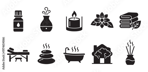 A collection of black flat icons representing spa and wellness elements such as massage table, hot stones, candle, and diffuser.