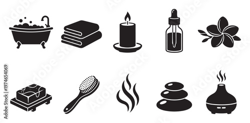 A collection of black vector icons representing spa elements like a bathtub, towels, candle, oil, flower, soap, brush, steam, stones and diffuser.