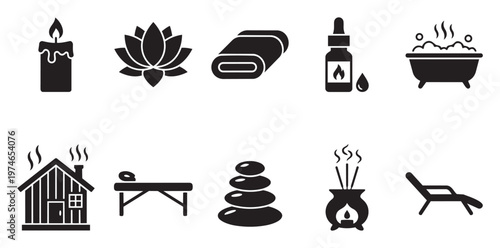 Collection of black silhouette icons representing spa and wellness elements, including a candle, lotus, towel, essential oil, bathtub, sauna, massage table, stones, incense, and lounge chair.