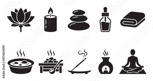 A collection of black silhouette icons representing spa, wellness, and relaxation elements including a lotus flower, candle, stones, oil, towel, bath, sauna, incense, diffuser, and meditation.