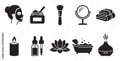 A collection of black silhouette icons representing spa and beauty treatments including facial mask, cream, brush, mirror, towels, candle, oil, lotus, bath, and diffuser.