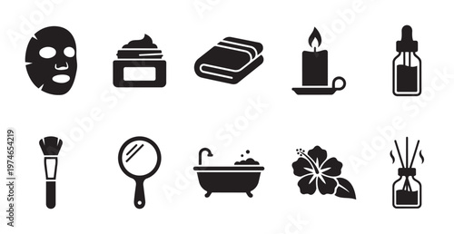 A collection of black flat icons representing beauty and spa items, including a face mask, cream, towel, candle, oil bottle, brush, mirror, bathtub, flower, and diffuser.