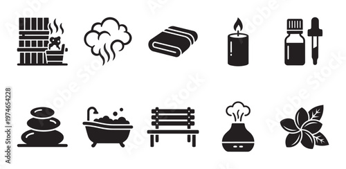 Collection of black silhouette icons representing spa, wellness, and relaxation elements including a sauna, steam, towel, candle, essential oil, stones, bath, bench, diffuser, and flower.