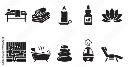 A collection of black silhouette icons representing spa treatments and relaxation, including massage, towels, candle, oil, lotus, sauna, bath, stones, and recliner.
