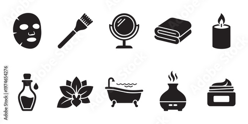 A collection of black and white vector icons representing spa, beauty, and wellness elements including a face mask, lotion, candle, and bath.