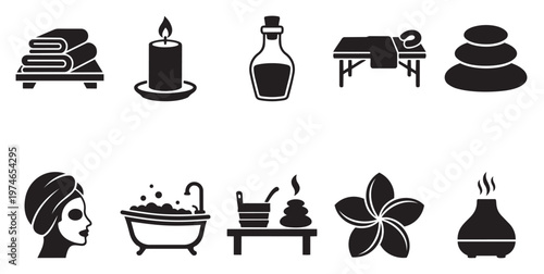 Collection of black and white icons representing spa and wellness services, including massage, aromatherapy, and beauty treatments.